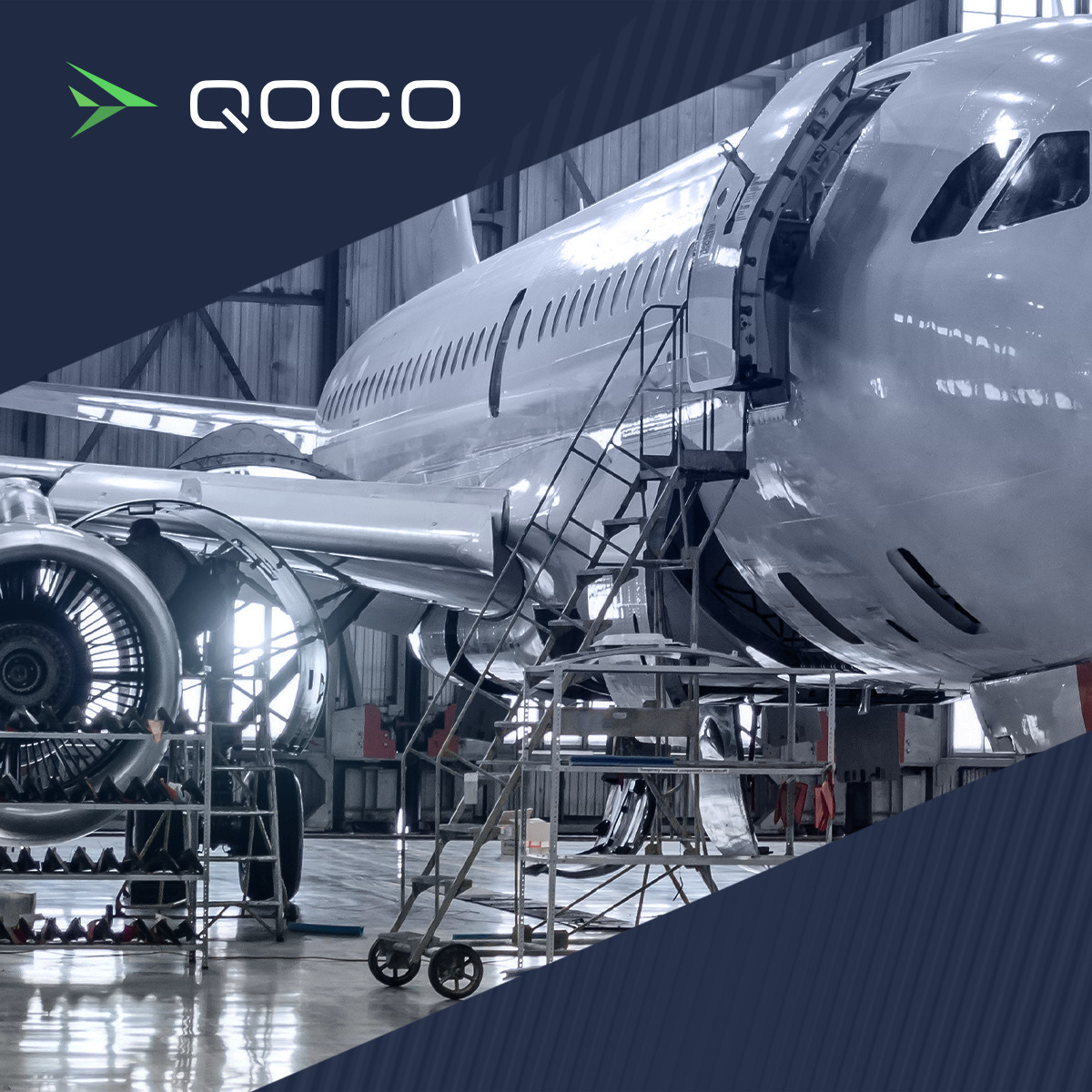 QOCO LinkedIn post. Hangar: an aircraft in a maintenance hangar