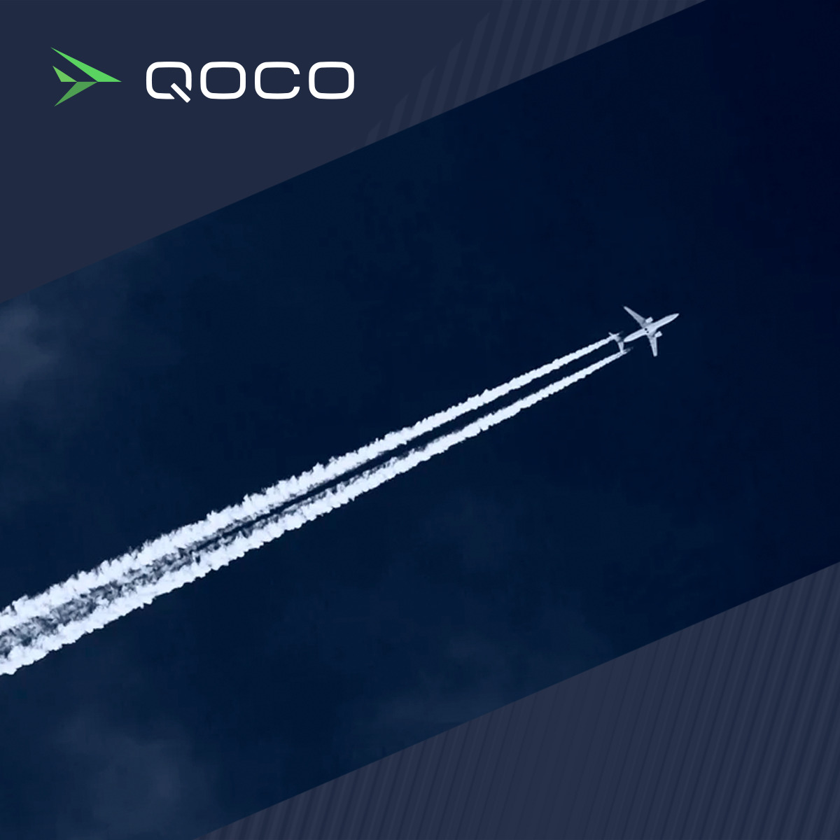 QOCO LinkedIn post. Cruise: an aircraft with contrails in a deep blue sky